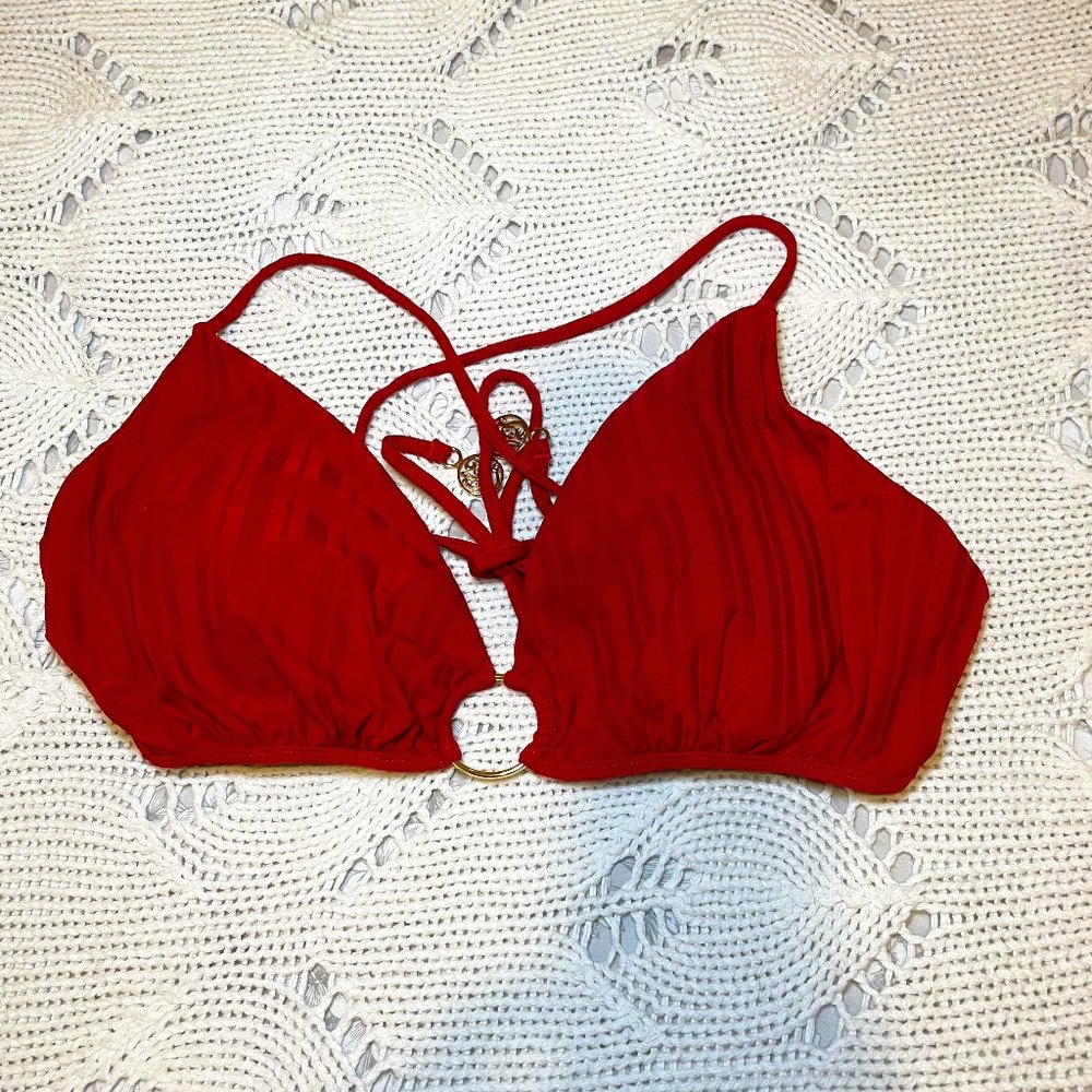 NWOT Luli Fama bikini top, red stripe reversible with gold size XL
